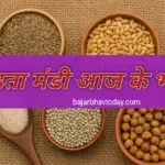 "मेड़ता मंडी आज के भाव – जीरा, गेहूं, चना, बाजरा और ईसबगोल की तस्वीर, जिसमें अनाज और दालें मिट्टी के कटोरों और लकड़ी के चम्मच में रखी हुई दिखाई दे रही हैं, ऊपर हिंदी में लिखा हुआ है 'मेड़ता मंडी आज के भाव'।"